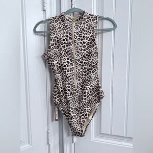 SKIMS Signature Swim Zip Front Sleeveless One Piece in Champagne Leopard